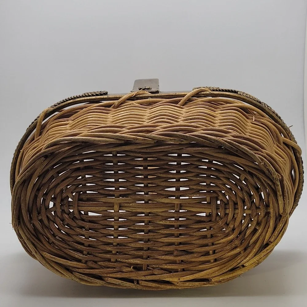 Vintage Wicker Basket Metal Rim Handle Small Cottagecore Farmhouse Rustic Decor